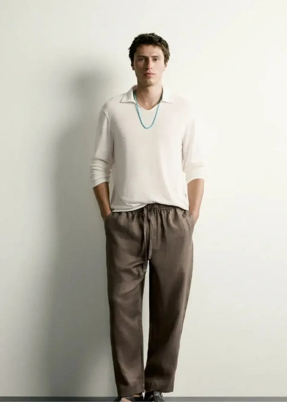 Zara Mens Trousers Pants Large US 33 Brown Linen Relaxed Fit 4410/122 NWOT